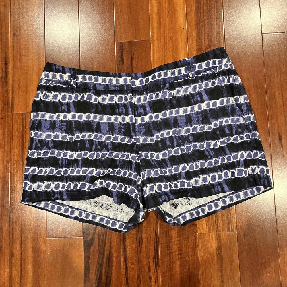 J Crew Blue White Shorts Linen Cotton Tie Dye Geo Pattern Zip Hook Closure Sz 12